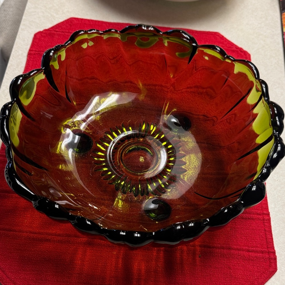 Vibrant 1970s Indiana footed Glass Art Bowl
